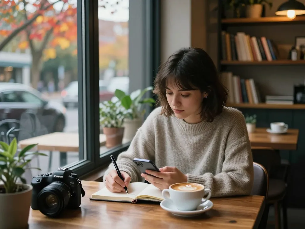 A cozy coffee shop scene depicting a young woman thinking about a crush on someone while journaling.