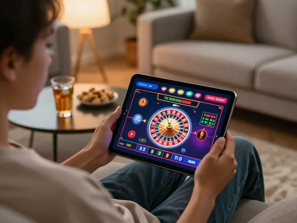 Player enjoying roulette game on 33nn tablet app, showcasing modern home gaming environment.