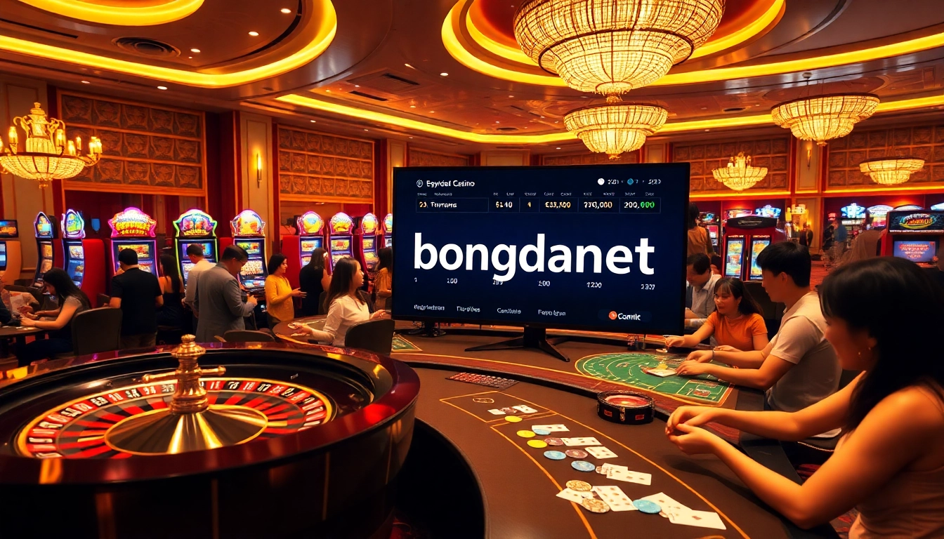 Engaging casino scene with players strategizing at tables and the keyword bongdanet in an online betting interface.
