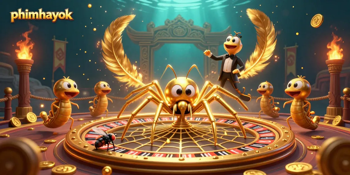 Place bets with PhimHayOk in a vibrant 3D casino scene featuring a spider and croupier.