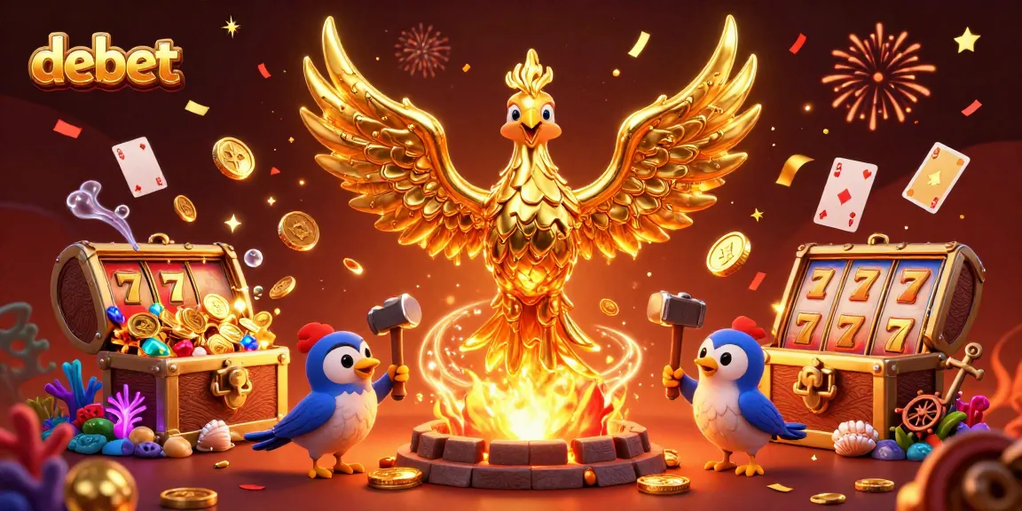 debet casino scene with a molten phoenix, slot reels, and vibrant treasures bursting forth.