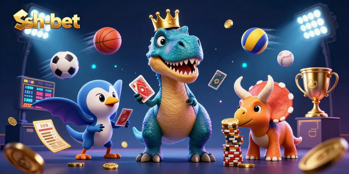 Experience sh-bet’s thrilling casino action with a T-Rex and friends amidst vibrant sports elements.