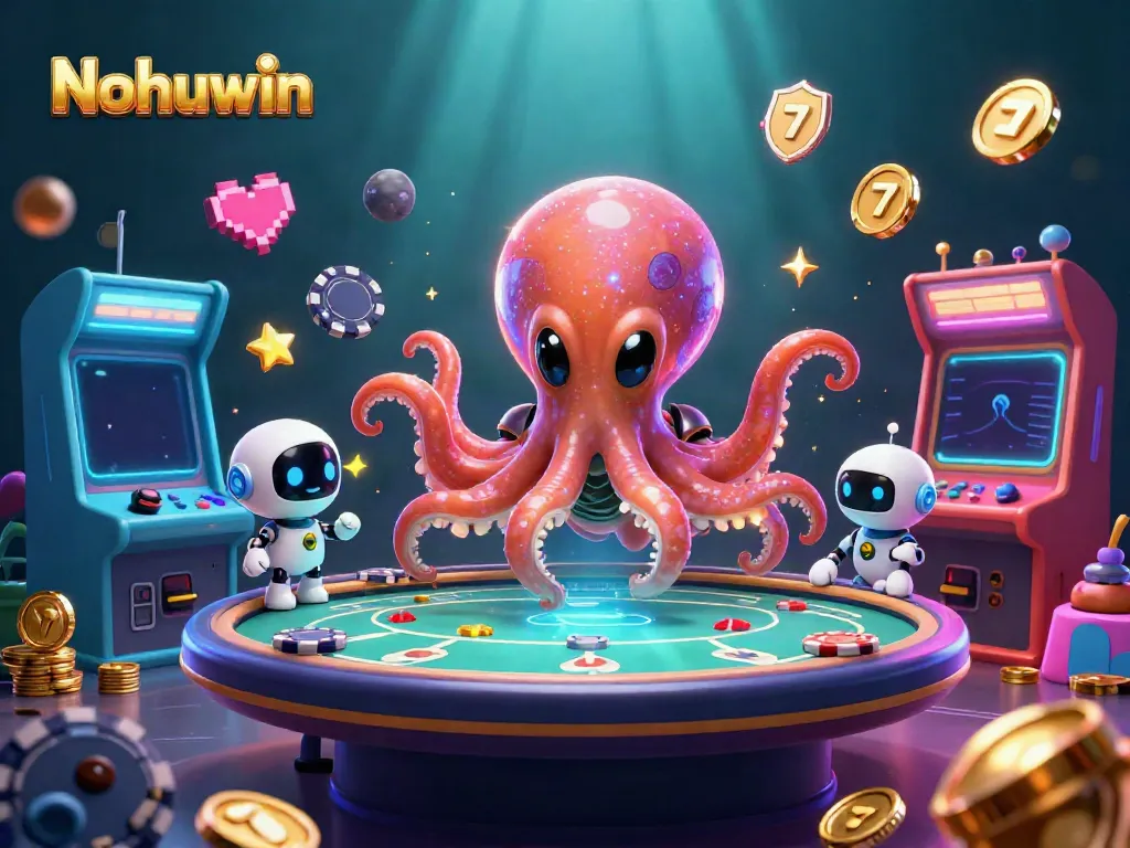 Nohuwin invites excitement with a colorful scene of a cartoon octopus at a holographic poker table amidst vibrant gaming elements.