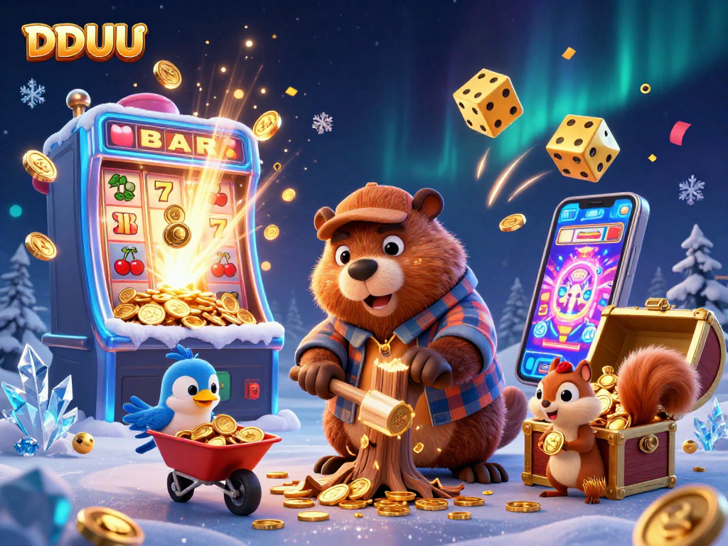 Experience DDUU's jackpot excitement with cartoon characters celebrating wins amidst vibrant slot machines.