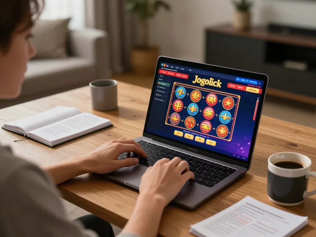 Engaged player enjoying jogoluck online casino gaming from a cozy home setup with laptop and strategy notes.