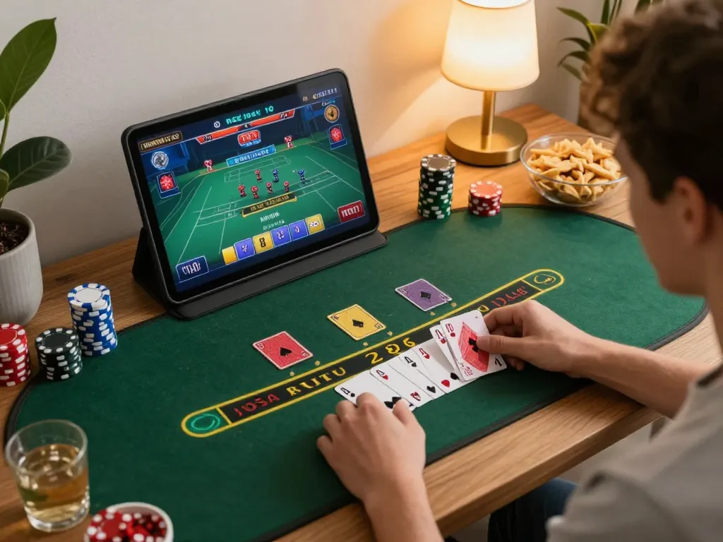Engaging online gaming session at https://rikvip09.com/, featuring a live dealer blackjack game displayed on a tablet in a cozy home setting with snacks.