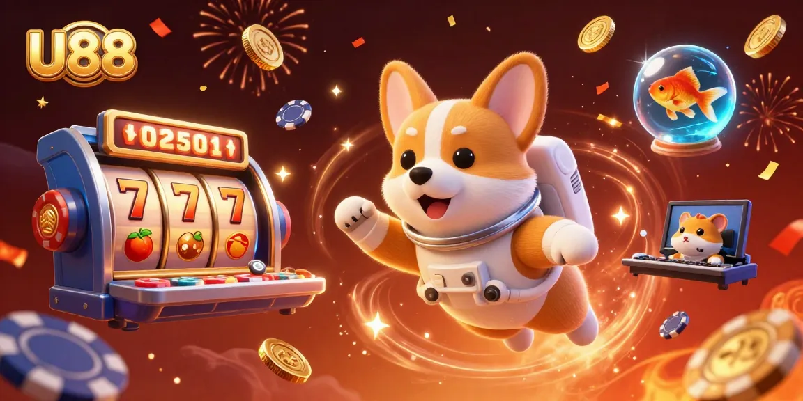 U88 jackpot winners floating in a vibrant space casino with animated games and festive elements.
