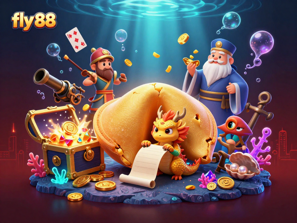 Engage with fly 88 in this dynamic casino scene featuring a golden cookie and treasure elements.