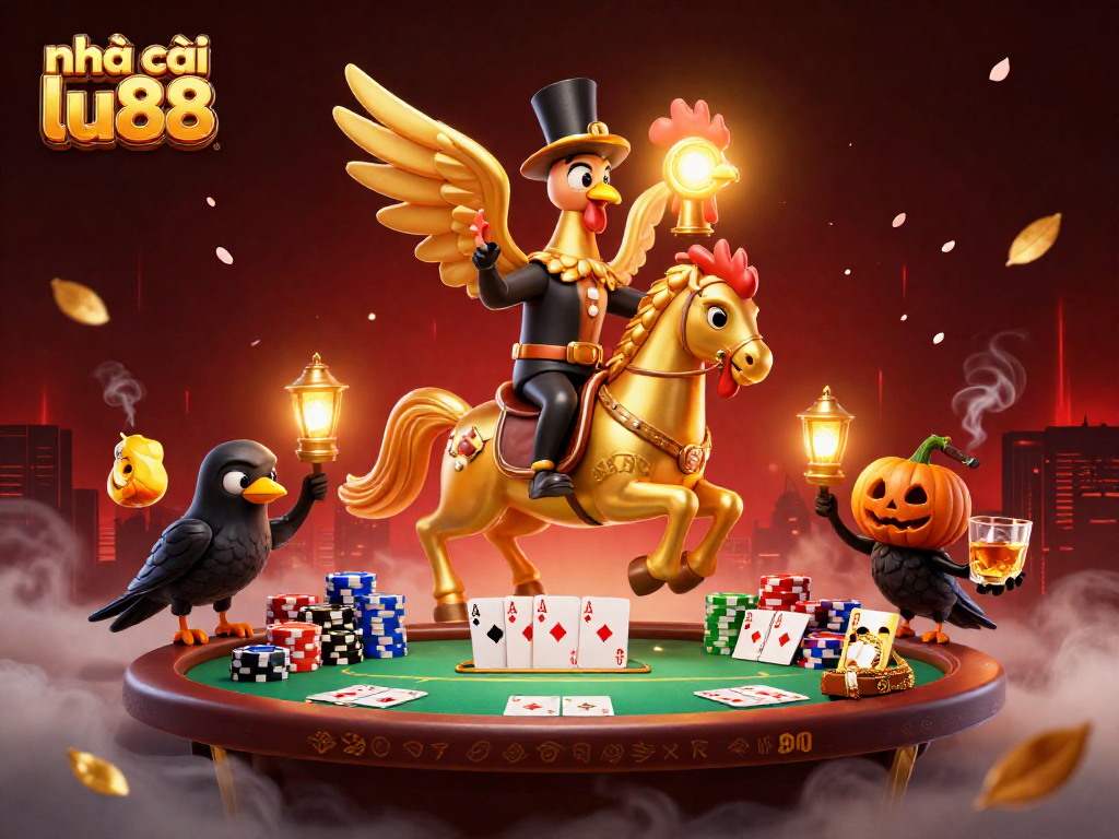 Experience thrilling gameplay with nhà cái lu88 in a magical casino scene featuring a golden rooster and poker elements.