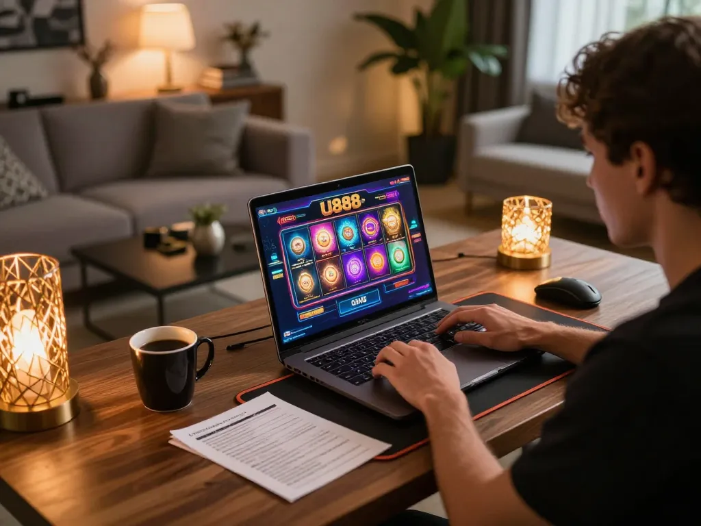 Player enjoying U888 slot games on laptop with strategic notes and cozy decor.