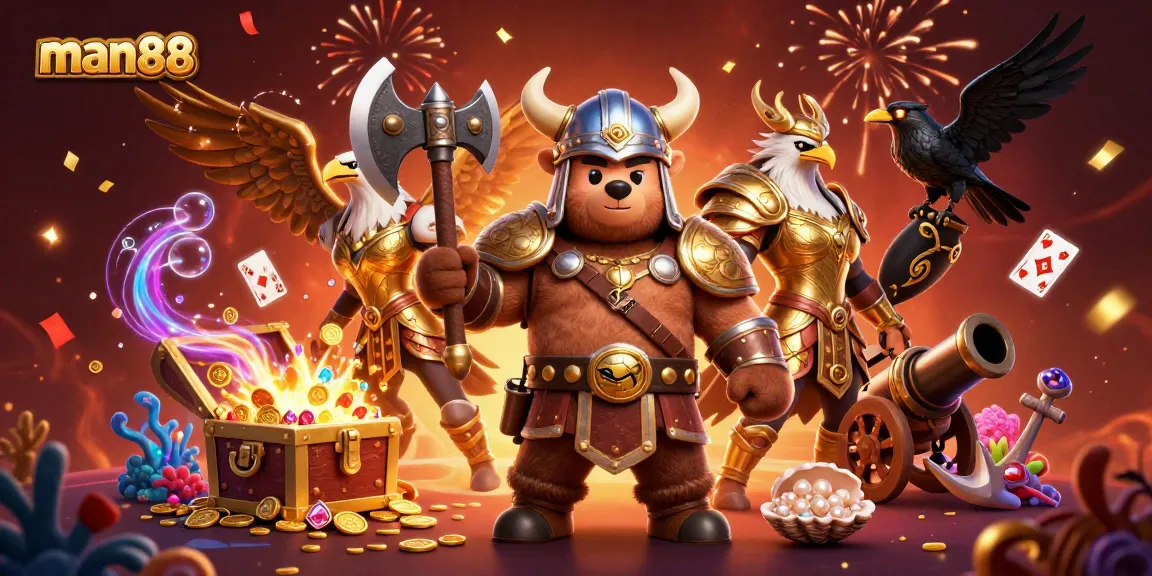 Engage in thrilling gameplay with man88's Viking bear and Valkyrie eagle amidst a treasure explosion.