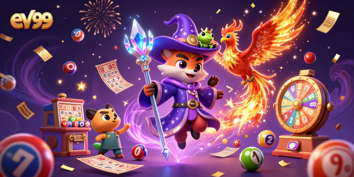 ev99 captivating gaming scene features a mystical wizard fox, phoenix, and gambling elements for excitement