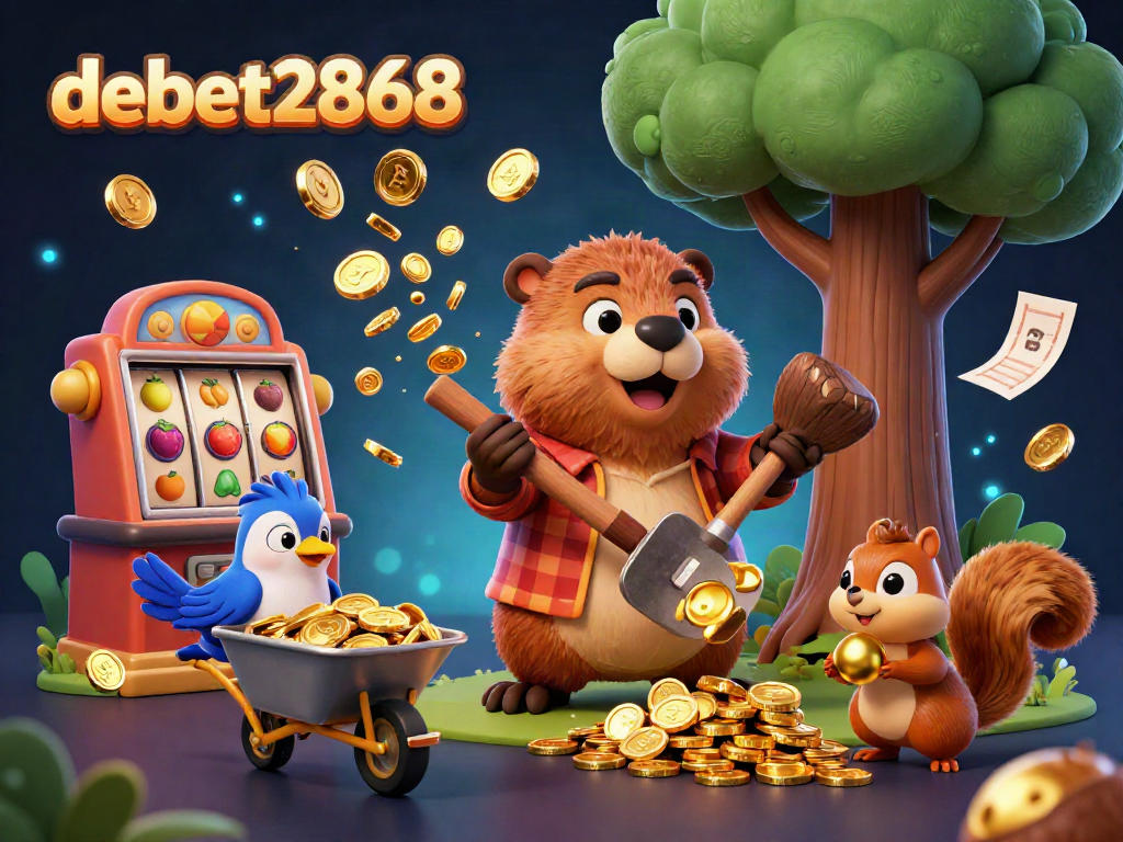 Debet2868 offers a vibrant illustration of a beaver, bird, and squirrel engaging in a dynamic gambling scene filled with coins and betting slips.