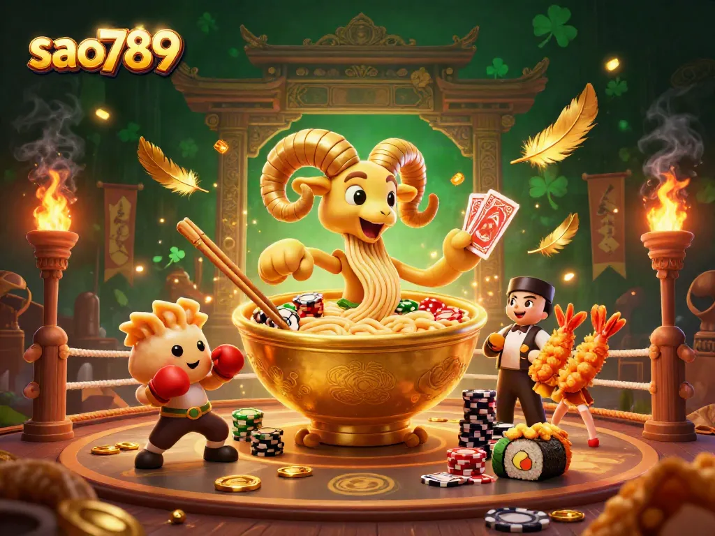 Sao789 gaming scene with a giant ramen bowl character dealing cards, surrounded by gold coins and dynamic flames.