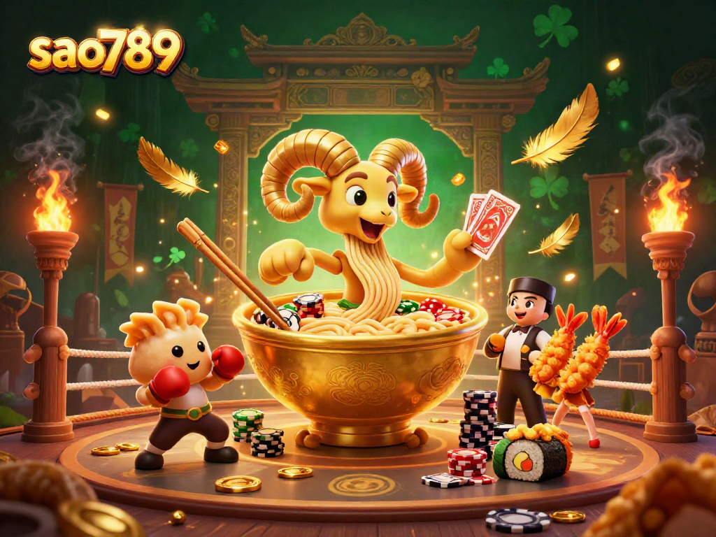 Sao789 gaming scene with a giant ramen bowl character dealing cards, surrounded by gold coins and dynamic flames.