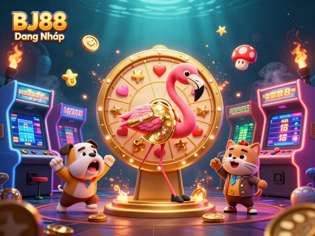 Play and win with BJ88 Đăng Nhập - a vibrant 3D casino scene showcasing excitement and action.