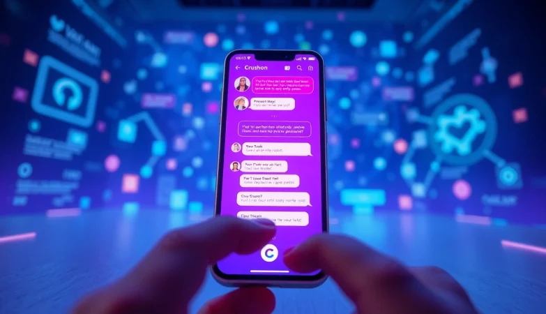 Interactive chat with the Crushon AI persona in a vibrant digital interface.