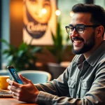 Engaged user chatting with Crushon AI app in a cozy café environment.