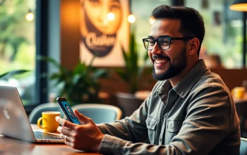 Engaged user chatting with Crushon AI app in a cozy café environment.