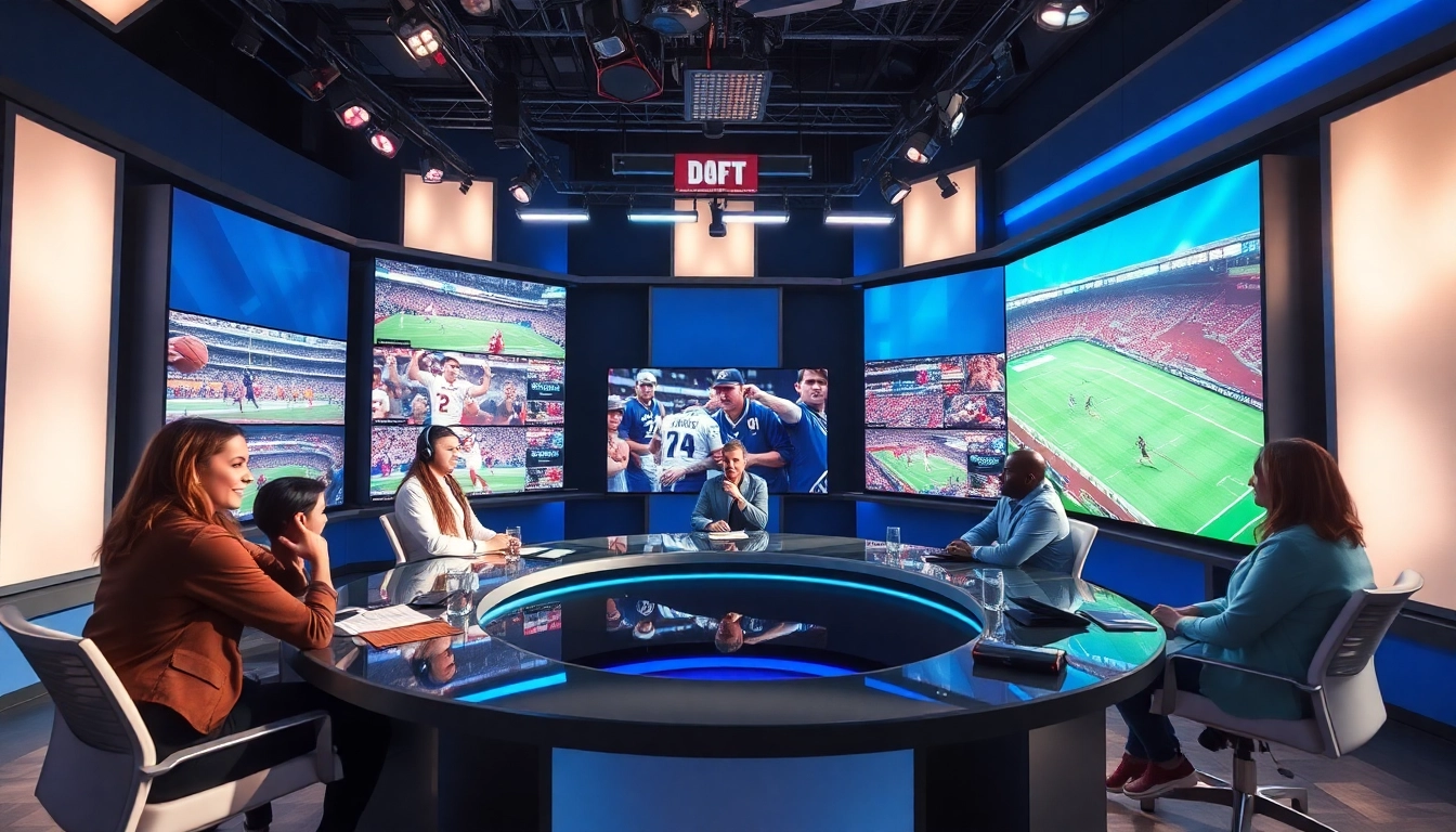 Dynamic scene of sports broadcasting with professionals analyzing live events, highlighting Sports Broadcasting.
