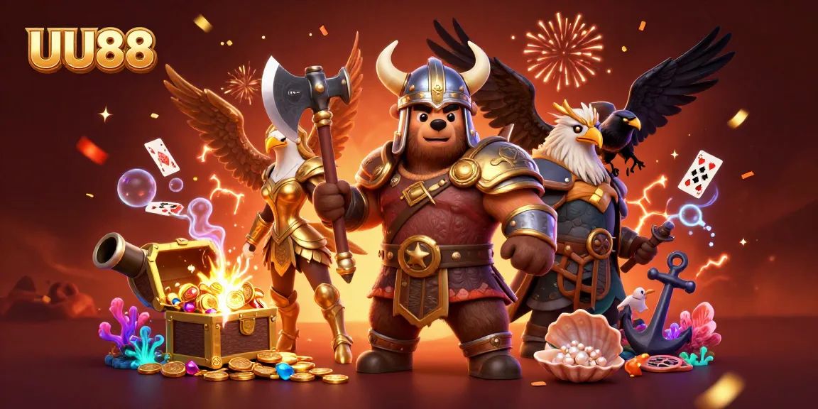 Experience the thrilling games at UU88 with a dynamic scene featuring a Viking bear, Valkyrie eagle, and exciting gameplay elements.